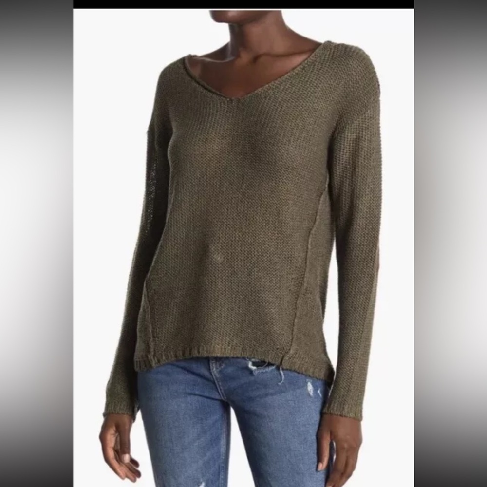 RDI Olive V-Neck Women's Sweater with Suede Elbow Patches